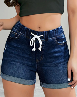 Casual Blue Drawstring Waist Denim Shorts